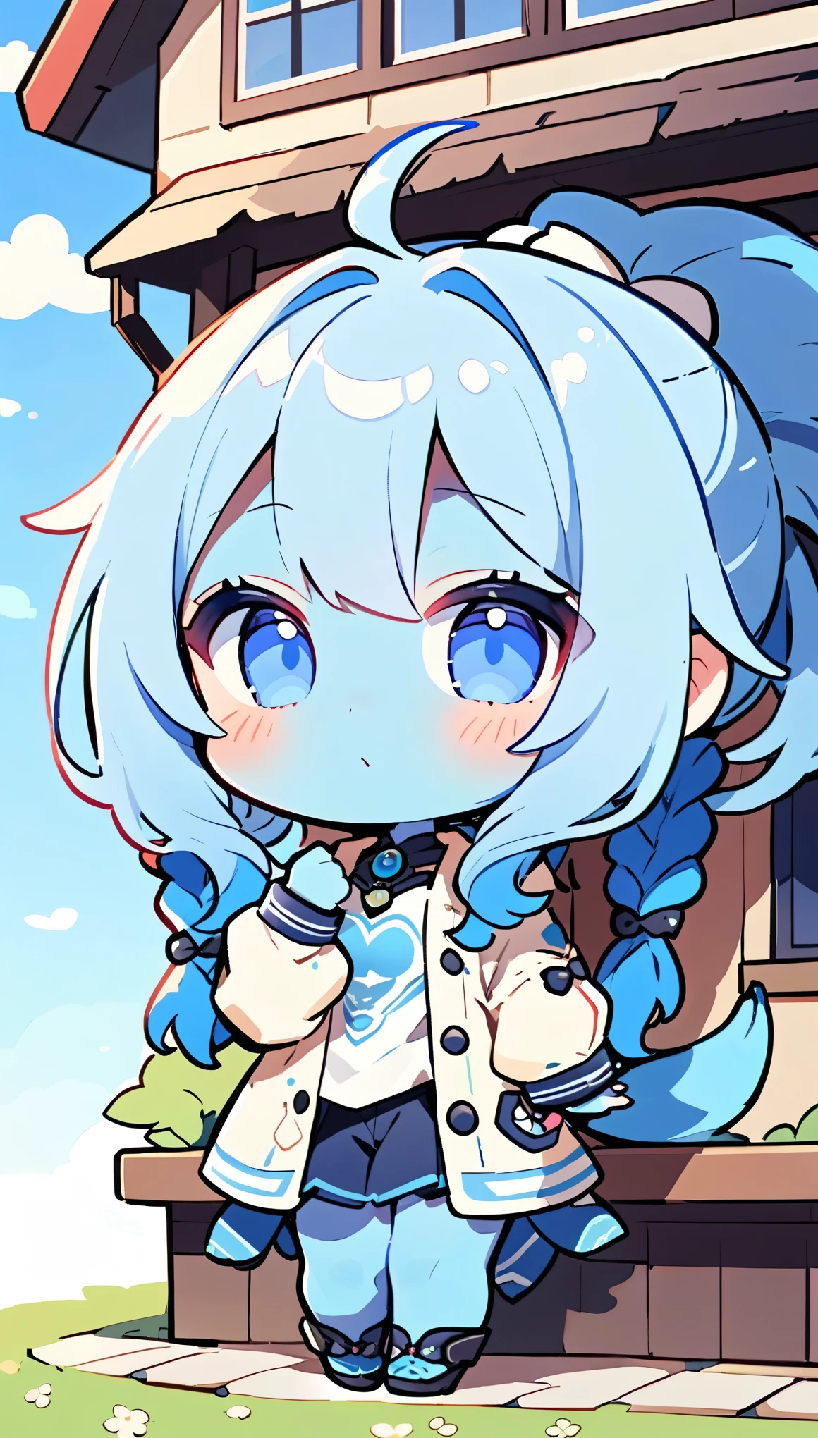 (alien woman,Blue Skin,Dreadlocks,Cute tail,Hometown clothing),(chibi),(Chibi Character)