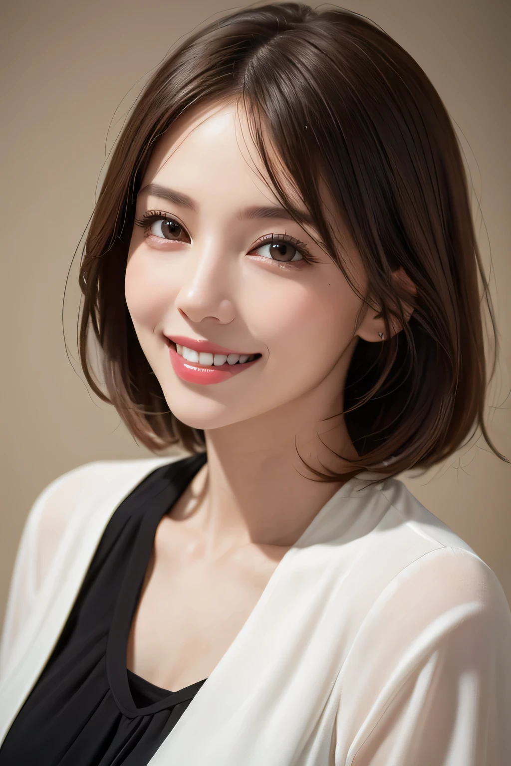 ((masterpiece)), ((Highest quality)), ((Complex)), ((Surreal)), (Realistic), (Mature Woman), ((No classes)), Very detailed, (1 female), Beautiful and exquisite, (Beautiful Teeth), Grin, Brunette bob hair, Brown eyes, ((blouse)), (Upper Body), (background:none), Perfect Eyes, Captivating eyes, Looking at the audience