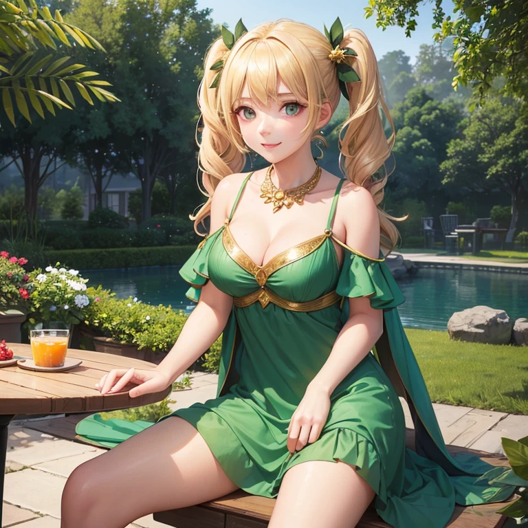 (highest quality:1.4, High resolution:1.4),1girl,_old,cutein tails,bangs,blonde hair ornament,natural makeup,Green gown,Clavicle protrusion,cleavage,Evening Party Venue,Chatting,gold necklace,smile,medium breasts,Sitting at a table and having a conversation,upper_body,looking_at_viewer,