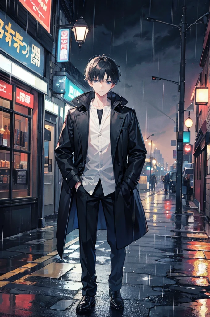 1 Boy,of the night city,rain,coat,Hands in pockets
