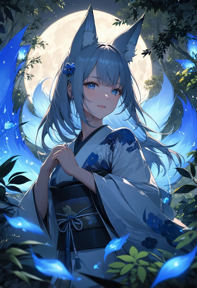 Masterpiece, Extremely detailed, beautiful, perfect face e, close distance shot, (A beautiful kitsune woman peering through the leaves in a dense forest) , {she is surrounded by motes of blue fire}, facing viewer, (dynamic pose) , fox ears, nine fox tails, traditional Japanese clothing. Japanese sandels, ((vegetation in the forground, dew, subject partially obscured by vegetation)) , ((moonlit night))