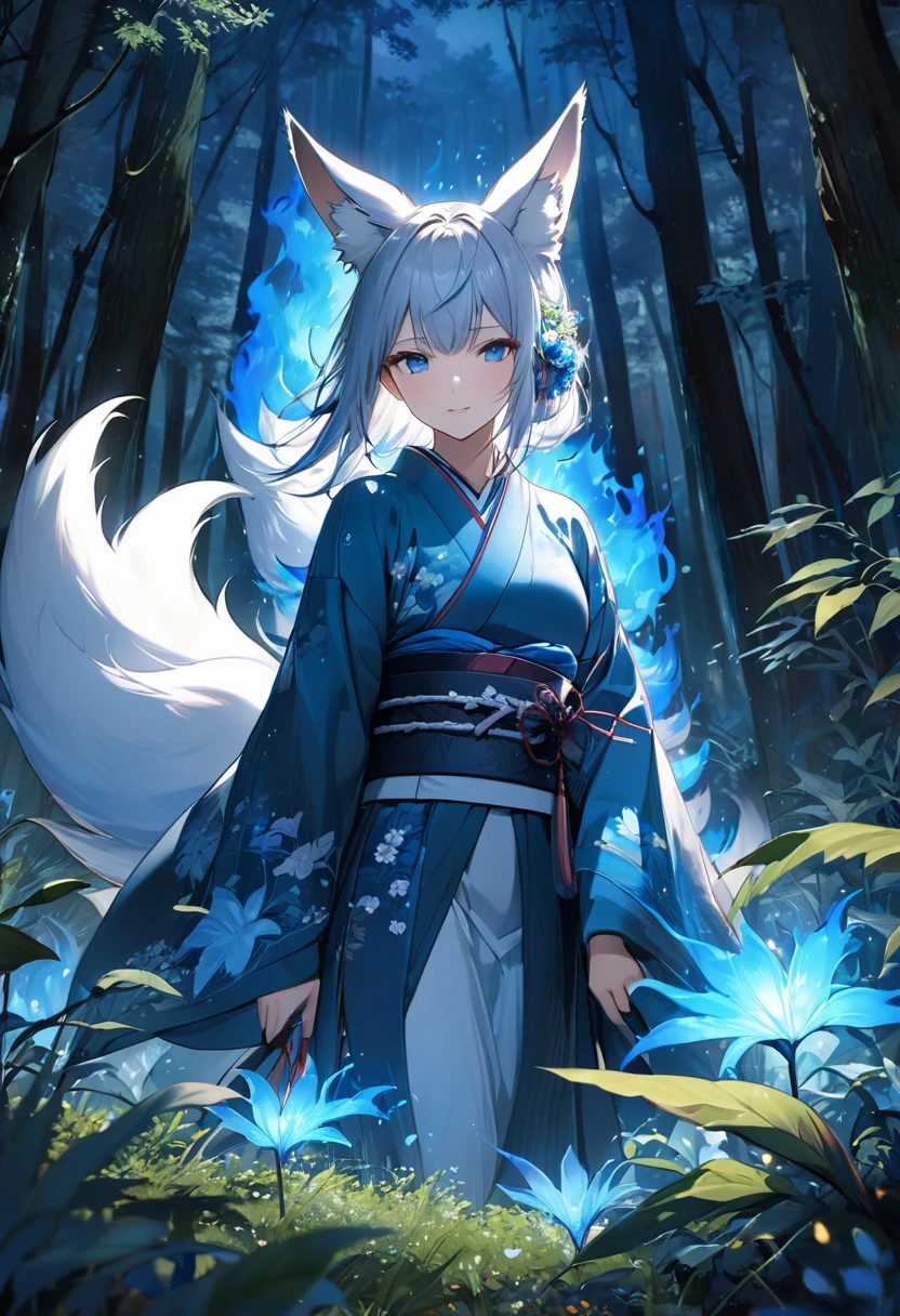 Masterpiece, Extremely detailed, beautiful, perfect face e, close distance shot, (A beautiful kitsune woman peering through the leaves in a dense forest) , {she is surrounded by motes of blue fire}, facing viewer, (dynamic pose) , fox ears, nine fox tails, traditional Japanese clothing. Japanese sandels, ((vegetation in the forground, dew, subject partially obscured by vegetation)) , ((moonlit night))