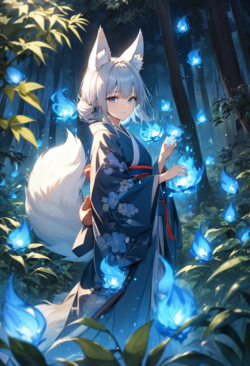 Masterpiece, Extremely detailed, beautiful, perfect face e, close distance shot, (A beautiful kitsune woman peering through the leaves in a dense forest) , {she is surrounded by motes of blue fire}, facing viewer, (dynamic pose) , fox ears, nine fox tails, traditional Japanese clothing. Japanese sandels, ((vegetation in the forground, dew, subject partially obscured by vegetation)) , ((moonlit night))