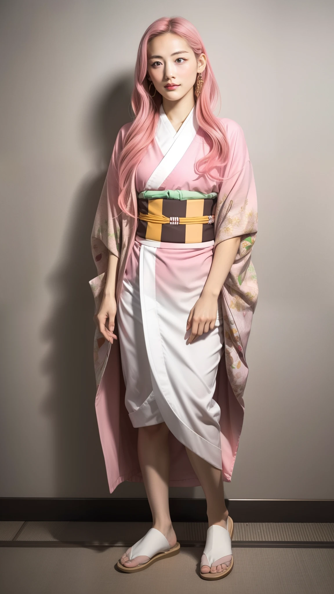 Cute Japanese female, (), (very cute face), white moist skin, looking at camera, melancholy expression,
BREAK,
Idol,
BREAK,
(wearing cute kimono: 1.3), (highly revealing kimono), very large earrings, short length,
BREAK,
(fighting pose: 1.3),
BREAK,
(long hair), (pink hair: 1.2), (wavy hair), (gradient hair: 1.3), (red hair at the ends),
BREAK,
(realistic: 1.3), masterpiece, perfect lighting, (ultra-high resolution), (8K), (highly detailed: 1.4), (from the front), (full body: 1.4), (symmetrical: 1.2),
BREAK,
(Shibuya city in Japan: 1.2),
BREAK,
(Demon Slayer: 1.4),