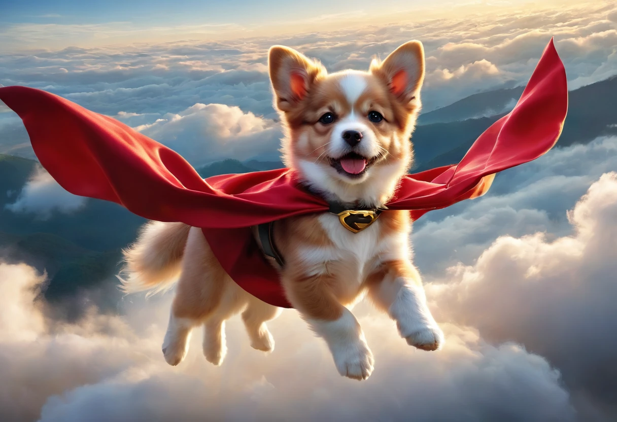 ((Masterpiece, top quality, high resolution, highly detailed CG unified 8K wallpaper)), A puppy flying above the clouds with its red cape fluttering,