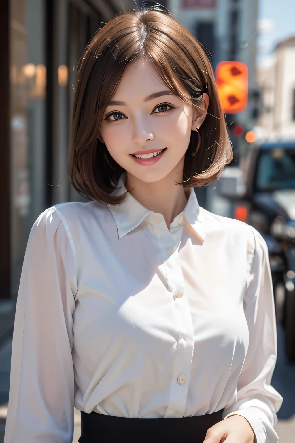 ((masterpiece)), ((Highest quality)), ((Complex)), ((Surreal)), (Realistic), (Mature Woman), ((No classes)), Very detailed, (1 female), Beautiful and exquisite, (Beautiful Teeth), Grin, Brunette bob hair, Brown eyes, ((blouse)), (Upper Body), (background:none), Perfect Eyes, Captivating eyes, Looking at the audience