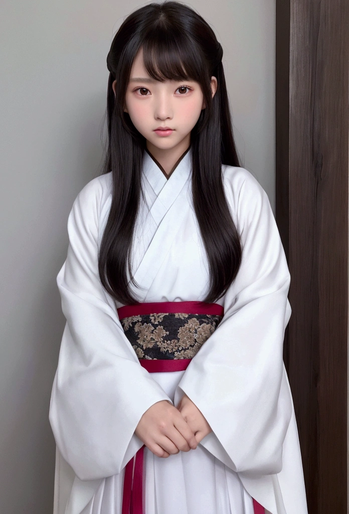 Best image quality、8k、masterpiece:1.3))、Realistic high-quality photos、Highest quality、 Beautiful face、Photos of slim models、Beautiful girl model、Young and pretty face、Beautiful model girl、A lovely and delicate face、Black Hair、Beautiful brown eyes、Young Body、Hanfu, (emphasize)、from the front、Camera gaze,、Anatomically correct、胸の谷間をemphasize、whole body、13-year-old female model