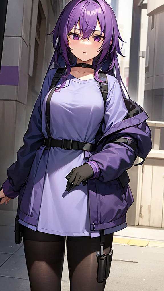 1girl, purple hair, blue shirt, blind fold, sniper rifles