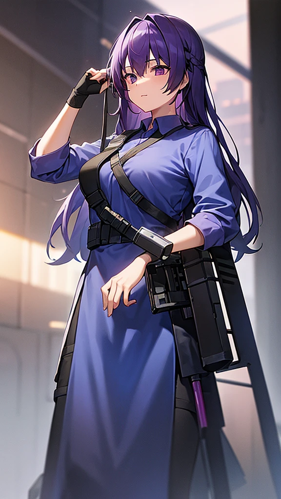 1girl, purple hair, blue shirt, blind fold, sniper rifles
