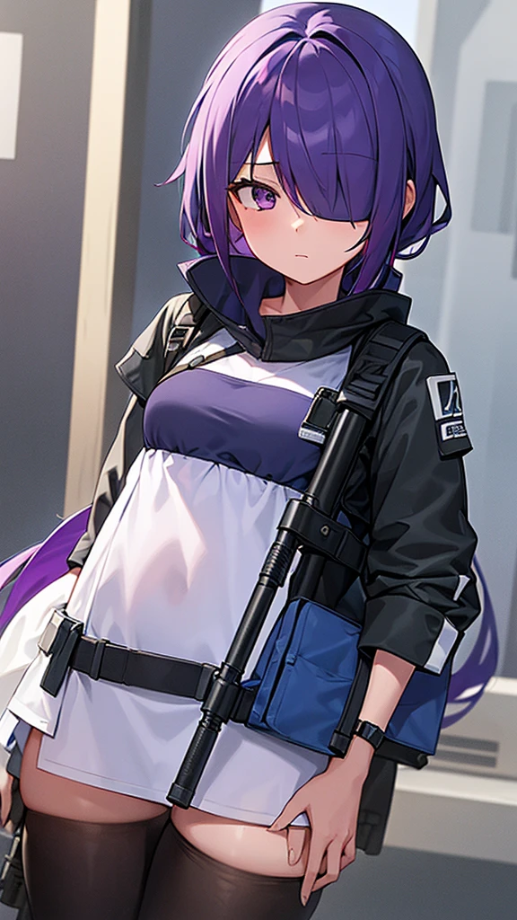 1girl, purple hair, blue shirt, blind fold, sniper rifles