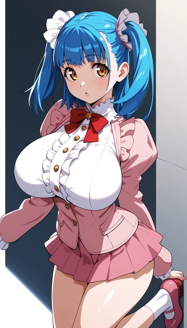 (Tuile(gravion)),huge breasts,blue hair,yerrow eyes,twintail,two side up,mini dress,white tight  jacket,white frill,red ribbon,pink skirt,Pink sleeves,Pink Shoes、White socks