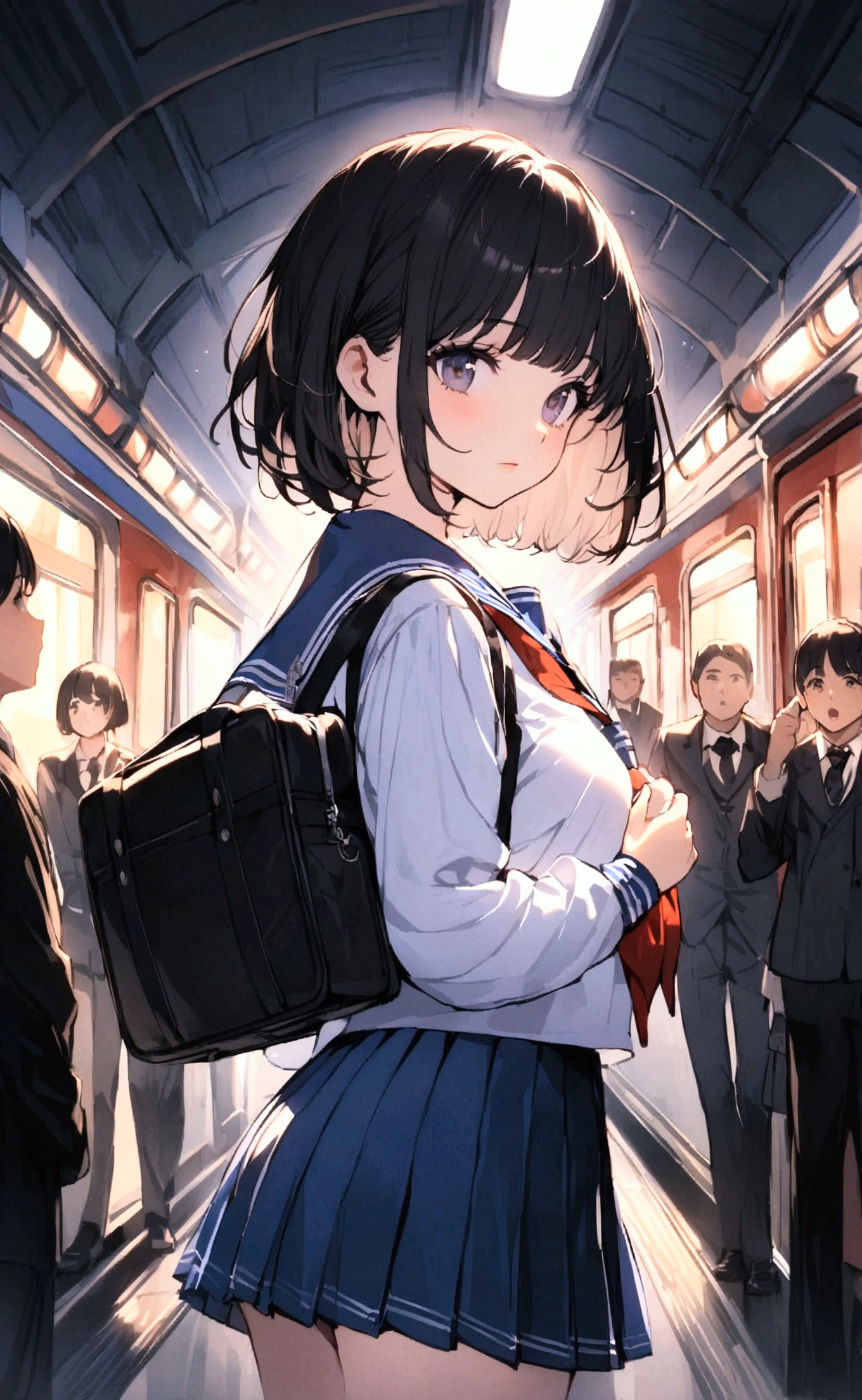 One Woman、crowd、crowded train,Being molested、Having your butt stroked、White panties、In underwear、beautiful girl、Blushing、Shyness、Sailor suit、A kind smile、Pleated skirt、Holding a backpack with both hands、Year: 18、Bob Cut Hair, Highest quality, Black Hair,The train is coming、Black knee-high socks、Cowboy Shot、Ultra-high definition images、Angle from directly below