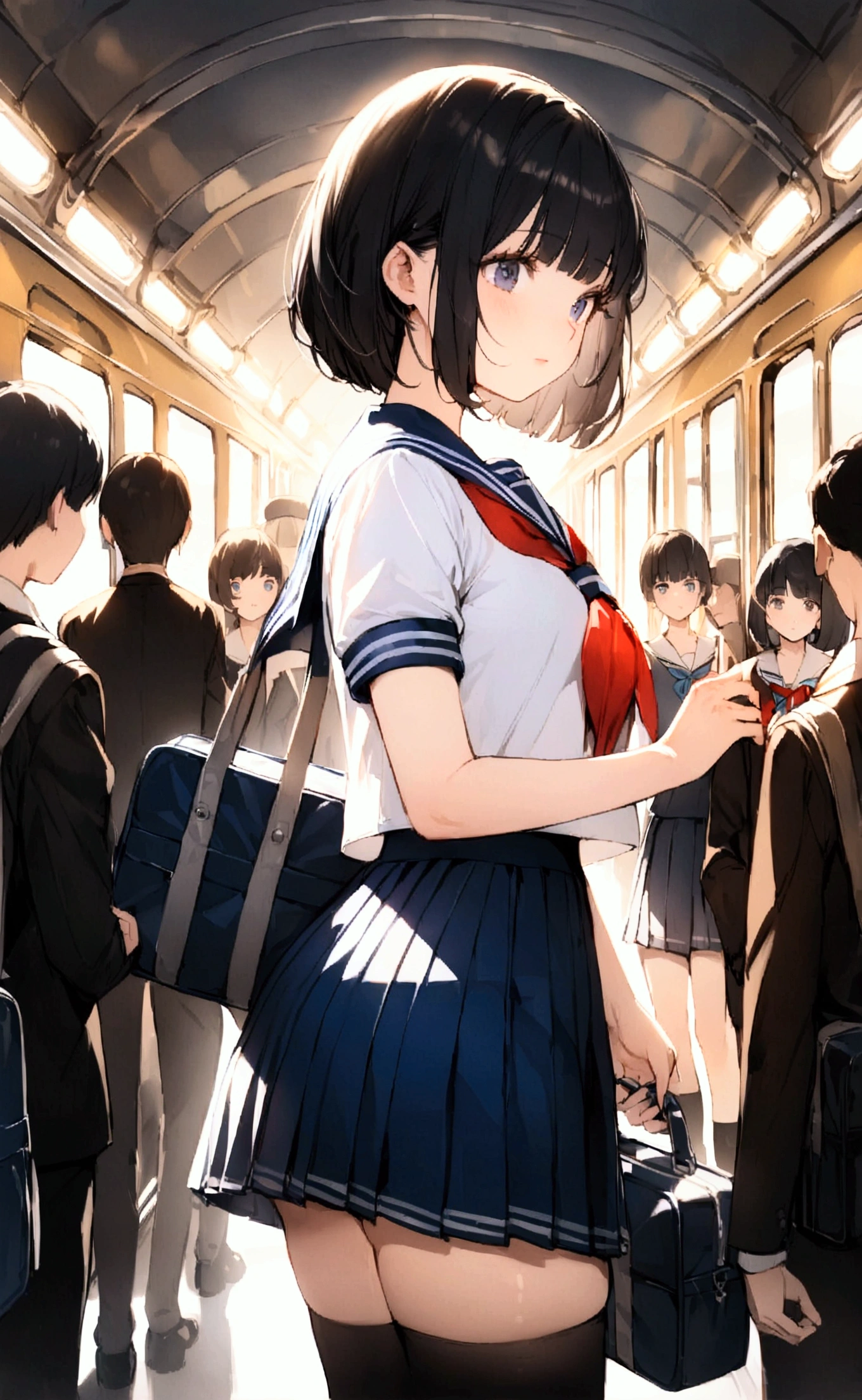 One Woman、crowd、Station platform、beautiful girl、Sailor suit、Pleated skirt、Hold a school bag with both hands、Age: 18、Bob Cut Hair, Highest quality, body type、Small 、Small ass、Black Hair,The train is coming、Black knee-high socks、Cowboy Shot、Ultra-fine images、Fixing shoelaces