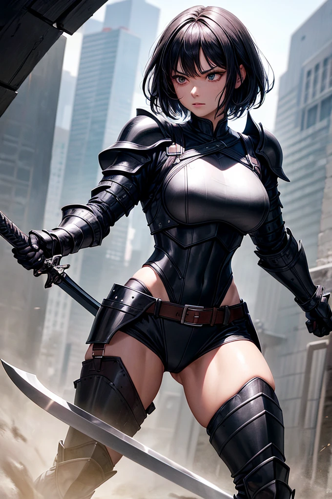 (best quality, masterpiece), woman, black hair, short hair, muscular, aggressive, black armor, metal armor, big sword, fully clothed, pants, shirt