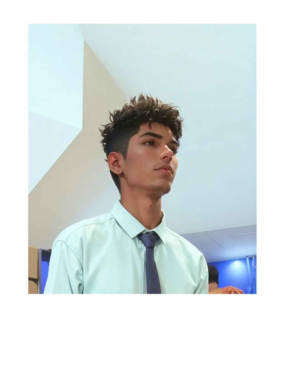 young man name urban legend with short spiky hair in Studio co seeing camera front sit on chair alone show full body