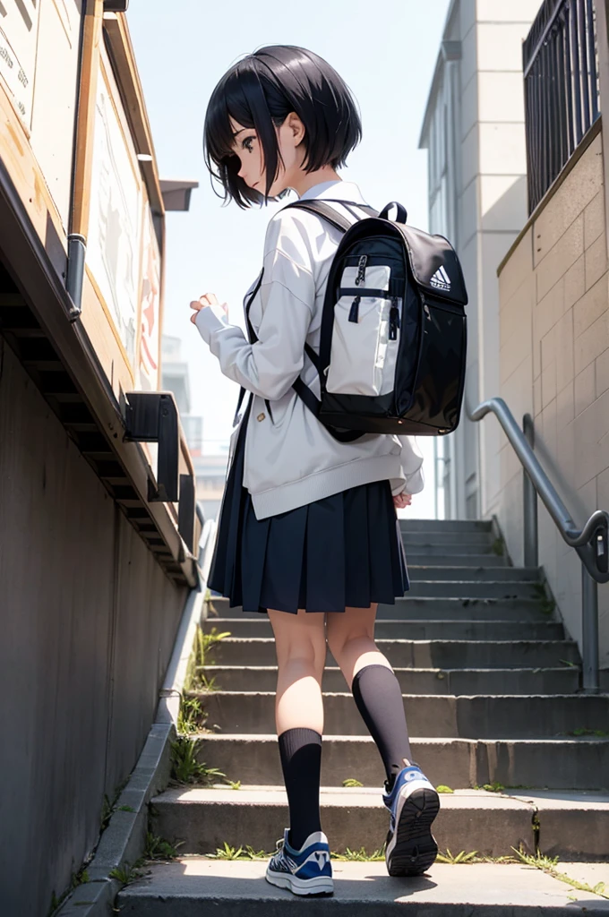 ((Highest quality)), ((masterpiece)), (Familiar), (High resolution), 8k, Best Shadow, The best natural light, Cinematic, High school girl climbing the stairs、(Black very short hair)、Glare、Navy Blazer、Navy Skirt、(Navy blue socks)、(large black adidas backpack:1.3), ((Back view))、Secret photos、((View from directly below))、Navy blue socksのクローズアップ、Manga panel layout、Manga style、Manga Design、(Station stairs:1.3)、morning、On the way to school