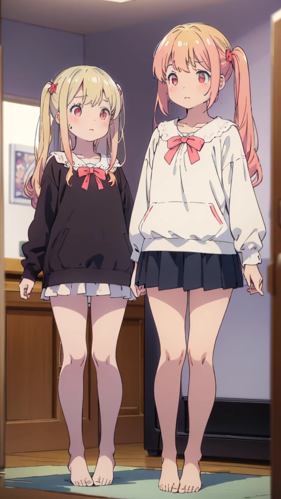 ((masterpiece))((Highest quality))girl、Confused eyes、blush、Flat Chest、Are thin、Blonde Hair、blush、Are standing、Whole body image、Eye level on face、、No background、Hair is two colors、Twin tails、Red Eyes、Two-tone red and yellow hair、Whole body image、Reflected to the toes、Jump