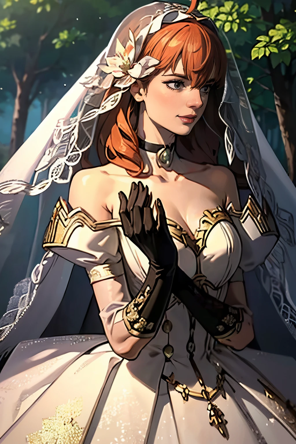 Celica FE, hair between eyes, ahoge, blonde hair, star \(symbol\), hair ornament, ruffled tulle dress, cleavage, bare shoulders, collarbone, long black elbow gloves, black gloves, black dress, black choker, strapless, tiara, veil, strapless dress, princess dress, veil, beautiful woman, perfect body, perfect breasts, wearing a princess dress, ball gown, in the park trees, wedding decorations, a warm smile, realism, masterpiece, textured skin, super detail, high detail, high quality, best quality, 1080p, 16k