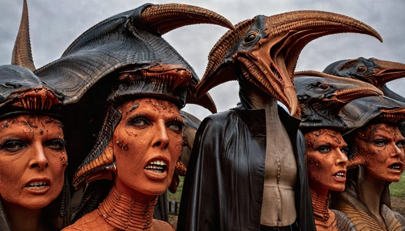 in (full shot:3.1) of lot of characters from a movie for slave girls from beyond infinity, inspired by Zdzislaw Beksinski and Ed Emshwiller, futuristic apocalypse, stalenhag, metal album cover, gwar, heavy metal band promo, (men and women with pterosaur heads:2.9), (daytime lighting:2.1), (with Creepy, Sci-Fi, Fantasy and Horror:2.9) retro sci fi, Horror movie, very detailed body, moody, epic, ((Cinematic film)), ((Ultra Detailed)), Complex, ((Sharp Focus)), Object Texture, Studio Photo, Complex Details, ((Highly Detailed)), Photo Real Style, ((Hyper-realistic)), High Dynamic Range, ((Realistic Textures)), 8K UHD, Nikon D 850, Kodak Portra 400, Fujifilm XT, (rich colors), (3D rendering:3.1)