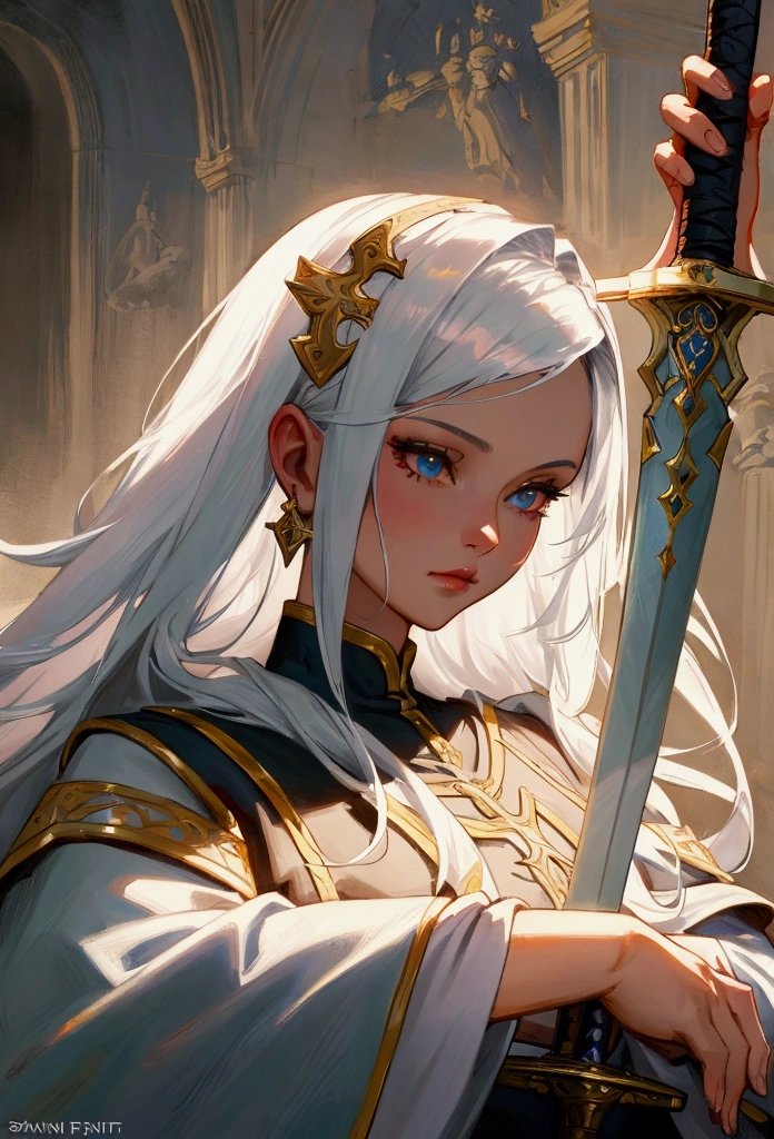 a close up of a woman with long silver hair holding a sword, fantasy art portrait, fantasy portrait art, , fantasy portrait, epic fantasy art portrait, beautiful fantasy art portrait, Saint, Priest