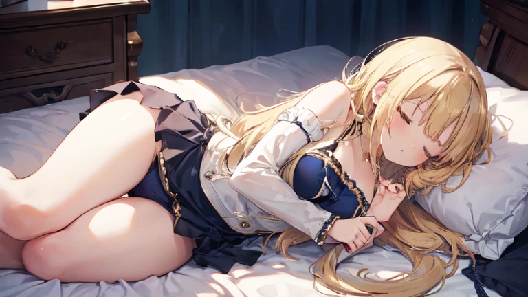 super high quality, Super detailed, Ultra-clear, forest, one person, long blonde hair, sleep, Swimsuit, Clothes with intricate details, mini skirt, Stockings, vaguely visible