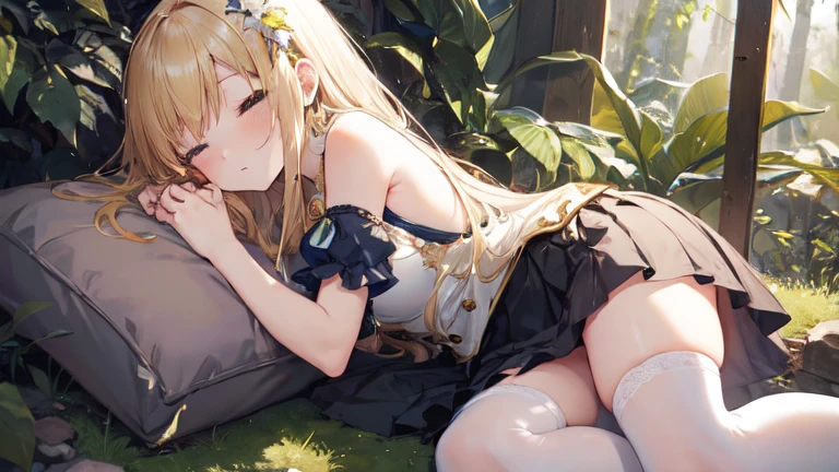super high quality, Super detailed, Ultra-clear, forest, one person, long blonde hair, sleep, Swimsuit, Clothes with intricate and colorful details, mini skirt, Stockings