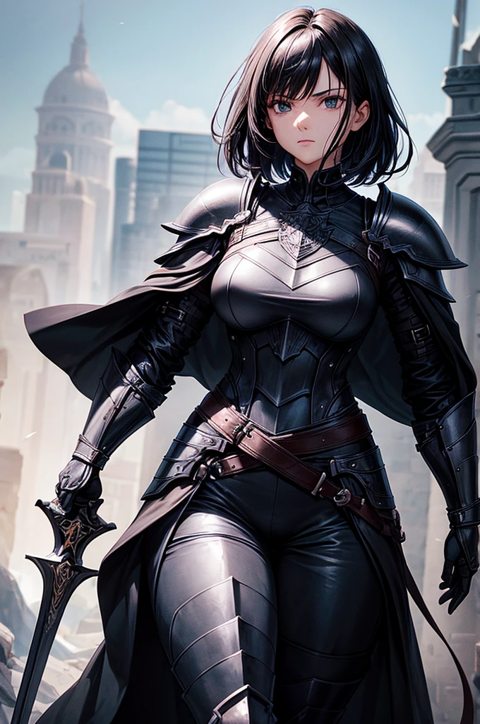 (best quality, masterpiece), woman, black hair, short hair, muscular, aggressive, black armor, metal armor, big sword, fully clothed, pants, shirt, black cloak