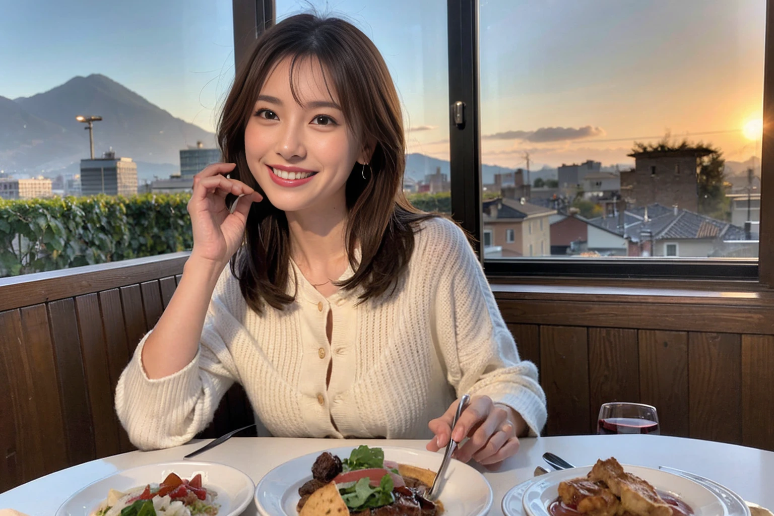 (Realistic:1.1),(masterpiece,Highest quality),8k,(44 years old), 42 years old, slimカップル、Model Couple、actress/actor、Tight waist,Upper Body,full-course dinner、wine 、Amazing view of the sunset sky and clouds、Perfect Anatomy, Brown Hair, short hair,Random Hairstyles,((Highly detailed face and eyes:1.2))(cute顔:1.4),美しいactressの顔,Perfect golden ratio face,Long sleeve shirt、dress,(smile:1.2)、Shortcuts、cute、(Realistic, Intricate details:1.2), A bright smile、short hair,Bright Face、赤wine 、Appetizers、Italian food、wine bottle、Champagne、スパークリングwine、(slimな顔), (The body is slim), (Brown Hair), (Shortcuts), Upper Body, 白wine, slim, wineグラス,