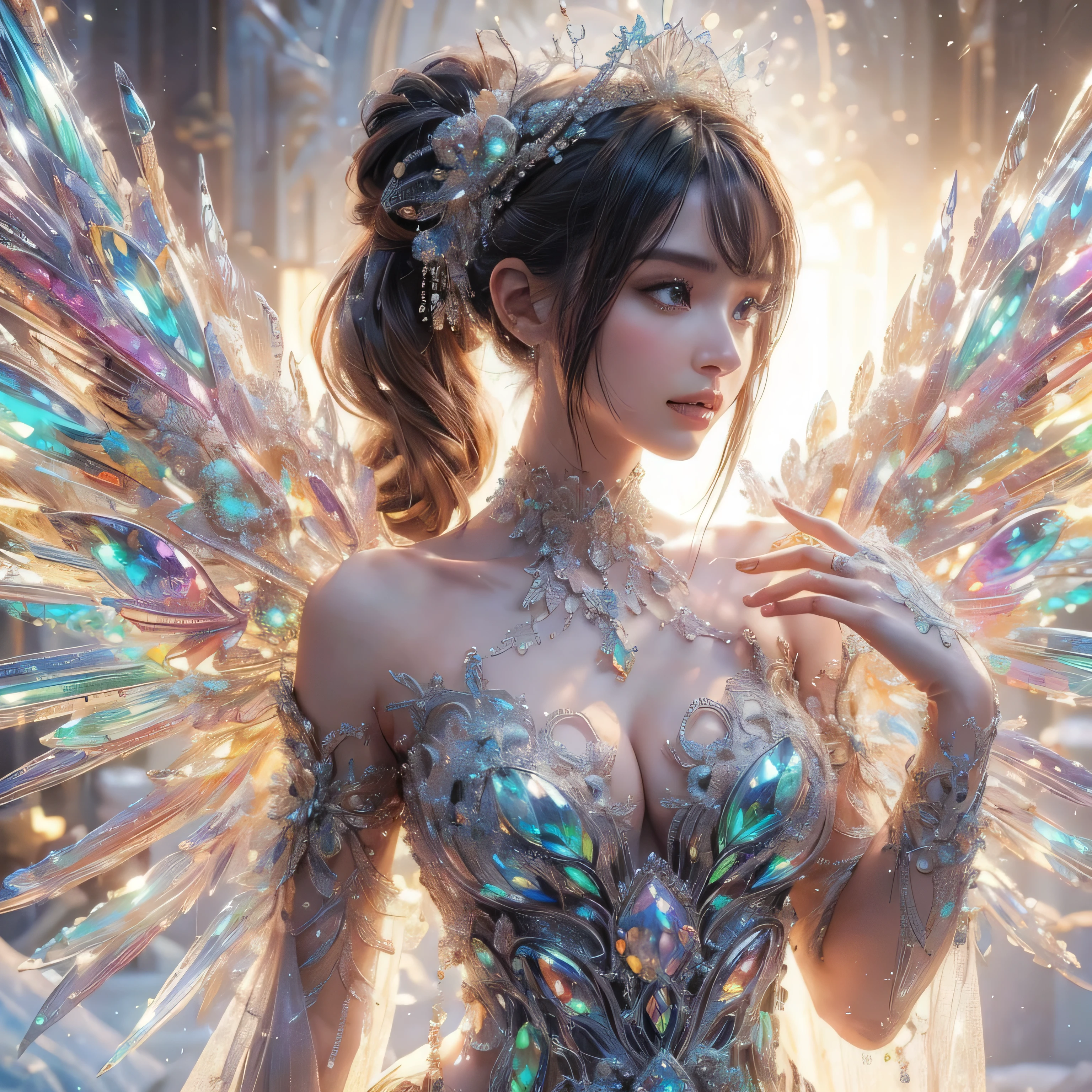 Arabian woman with huge breasts in a dress made of crystals, wearing an Brilliant outfit, Brilliant dress, Complicated Dress, Elegant Crystal Dress, Brilliant and elegant, Fancy Dress, Inspired by Eddie Zandt, Brilliant attire, Complicated costumes, Brilliant royal gown, Brilliant clothing, Brilliant gown, Complex and elegant, Exquisitely crafted dresses, Brilliant , High heels, Royal dress, Detailed hands, Detailed fingers, Sand in the body, Sand on the dress, Crystal Element, Crystal Wing, Transparent clothing, masterpiece, Highest quality:1.2),,(8k,High resolution,RAW Photos,Realistic,photo-Realistic:1.3),(Detailed skin texture,Detailed cloth texture,Detailed fire texture, Beautifully detailed face:1.25),Professional Lighting,Photon Mapping,Beautiful soft light,Radio City,Physically Based Rendering,Ray Tracing, Model shooting style, Model shooting style, (extremely detailed CG unity 8k wallpaper), Full body photos of the most beautiful works of art in the world, (Browsing Caution), (nude), (naked), (Nipples)
