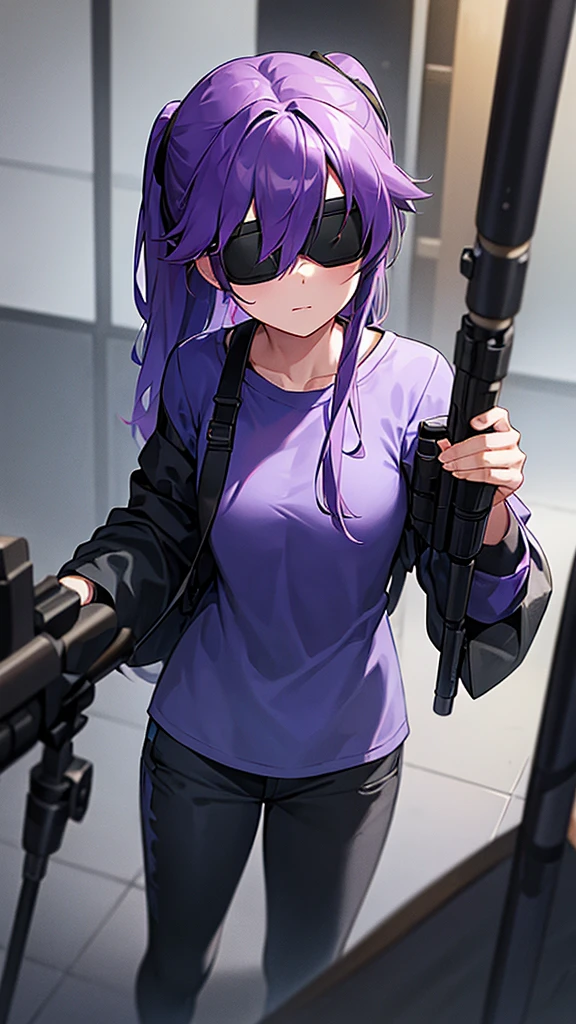 1girl, purple hair, blue shirt, blind fold, sniper rifles