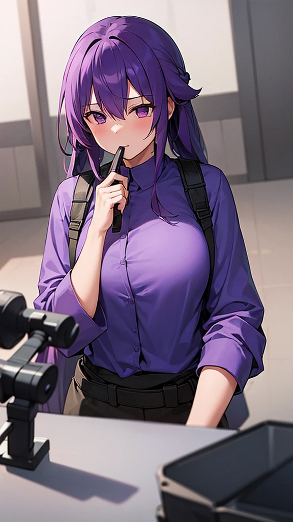 1girl, purple hair, blue shirt, blind fold, sniper rifles