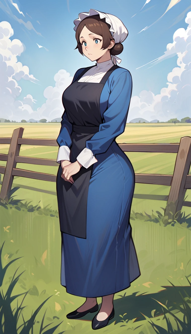 adult amish woman, 40 years old, pale skin, long sleeved blue dress, small black apron over her  blue dress, full body shown, very short brown hair in a conservative sleek bun, white bonnet kapp, wide hips, thick thighs, wearing simple black flats, thick legs, slightly below the knee dress, slight face wrinkles, tight sleeves, standing upright in a farm field, no makeup, round face, hands on lap, side view,