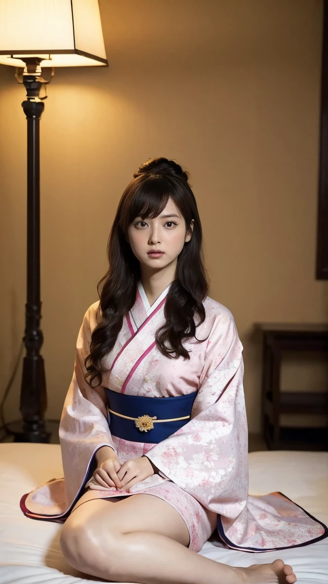 Highest quality,masterpiece,Ultra-high resolution,(Actual:1.4),Original photo,Ultra-high resolution,8k,1 woman,Fair skin、Young female proprietress in traditional Japanese kimono。An old-fashioned hairstyle with hair tied back。、Long legs:1.5,Bright and beautiful,In a dimly lit hotel room。