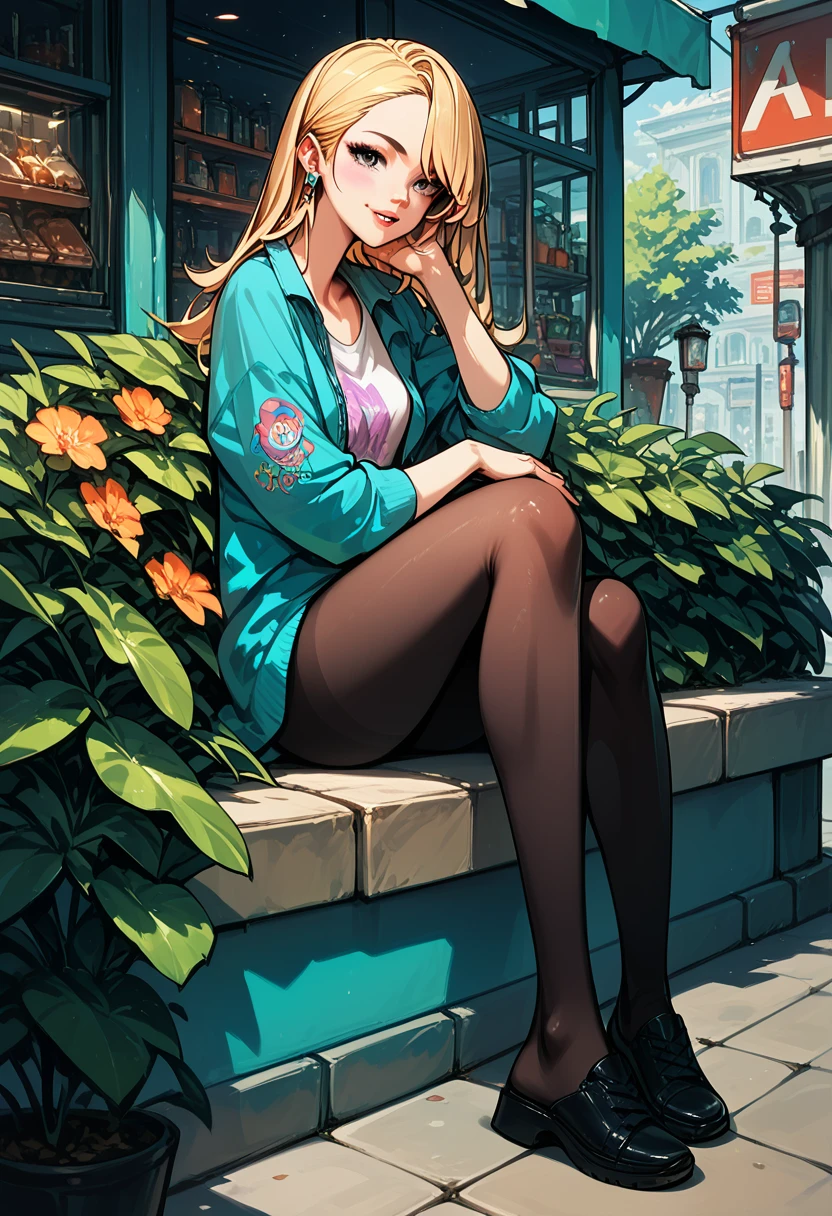 masterpiece, best quality, extremely detailed, Female, beauty, gorgeous lips, blonde hair, asymmetrical bangs, kawaii, happy drink, super loose fit, black pantyhose, sitting, relaxed, casual, summer,