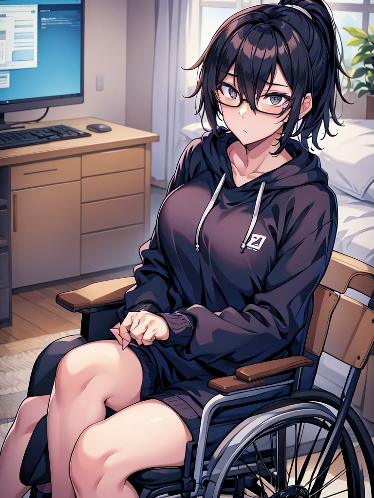 woman, hair over one eye, golden eyes, Tomboy, sweatpants, hoodie, looking at viewer, black short hair with a ponytail, bedroom, round glasses, bags under eyes, tired, solo, wheelchair