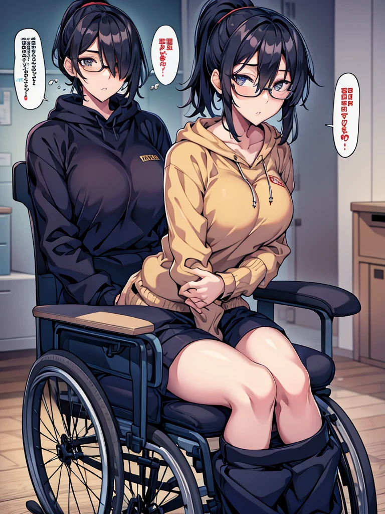 woman, hair over one eye, golden eyes, Tomboy, sweatpants, hoodie, looking at viewer, black short hair with a ponytail, bedroom, round glasses, bags under eyes, tired, solo, wheelchair