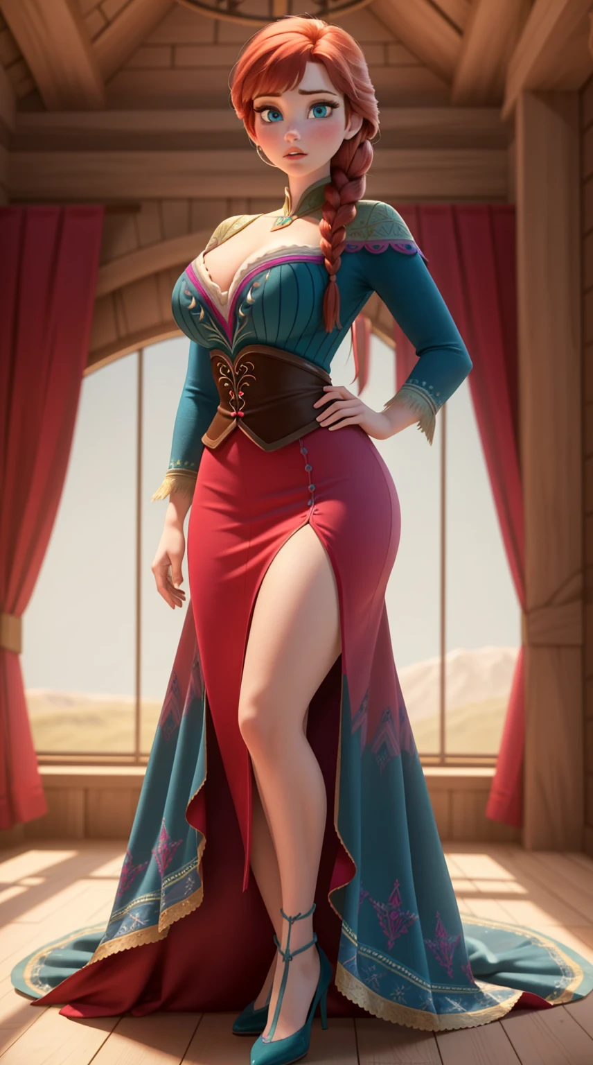 ,30 years old Anna from Frozen, woman, ((Masterpiece, best quality)), full body view, wide hips, bursting huge breasts, detailed skin, Anna from Frozen, highly detailed, cinematic lighting, ultra realistic, blush, looking at viewer, Anna, Anna from movie Frozen, red hair, blue eyes, huge breasts, tall body, long sexy legs, perfect body.