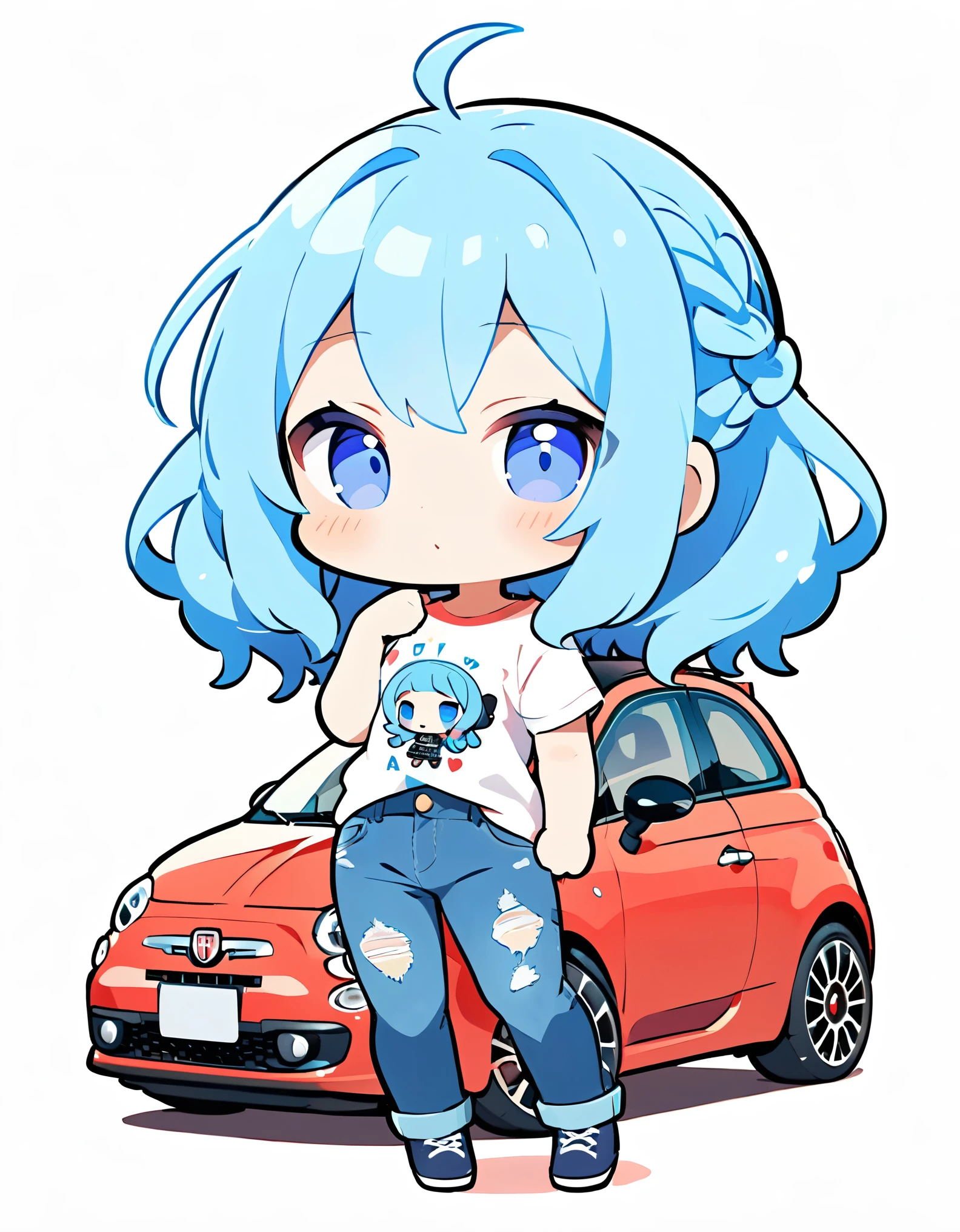 (alien woman,Blue Skin,Dreadlocks,Cute tail,Pop T-shirt,jeans),I drive a Fiat 500,(chibi),(Chibi Character)