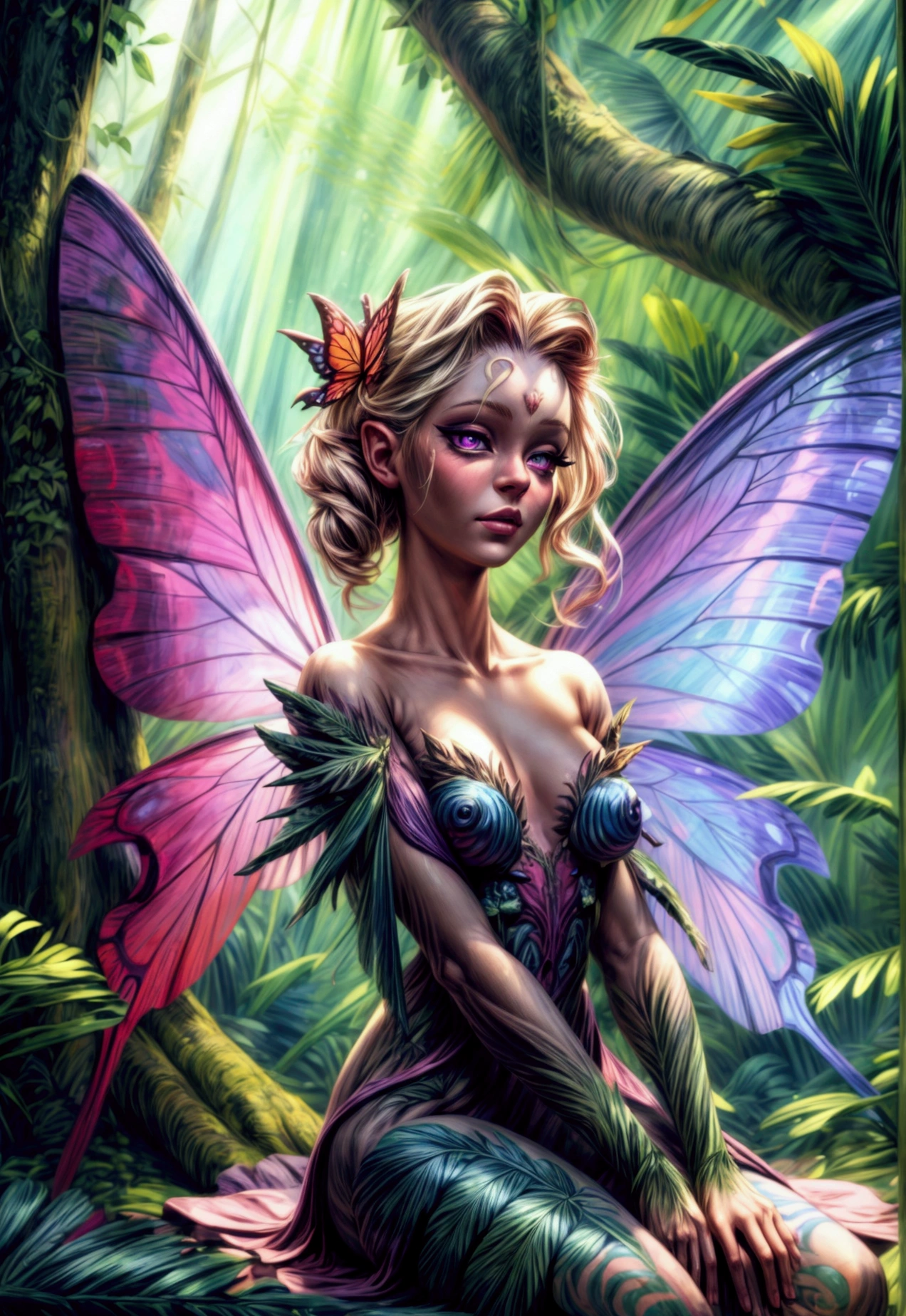 a picture of a jungle fairy, an extraordinary beautiful, elegant beauty, divine beautiful fairy, ((anatomically correct: 1.5)) spread butterfly wings, blue and purple wings, pink eyes, glowing eyes, (ultra detailed face: 1.2), best detailed face,  blond hair, rich hair, wavy hair, glamour dress, wild dress, dress decorated with jungle flowers,  sitting on massive heliconia tree the rain forest, sun rays coming through the trees, Hyperrealism style, vibrant, Ultra-high resolution, High Contrast, (masterpiece:1.5), highest quality, Best aesthetics), best details, best quality, highres, ultra wide angle, 16k, [ultra detailed], masterpiece, best quality, (extremely detailed) RAW, chumbasket art style, FairyTaleAI, fairy wings, 