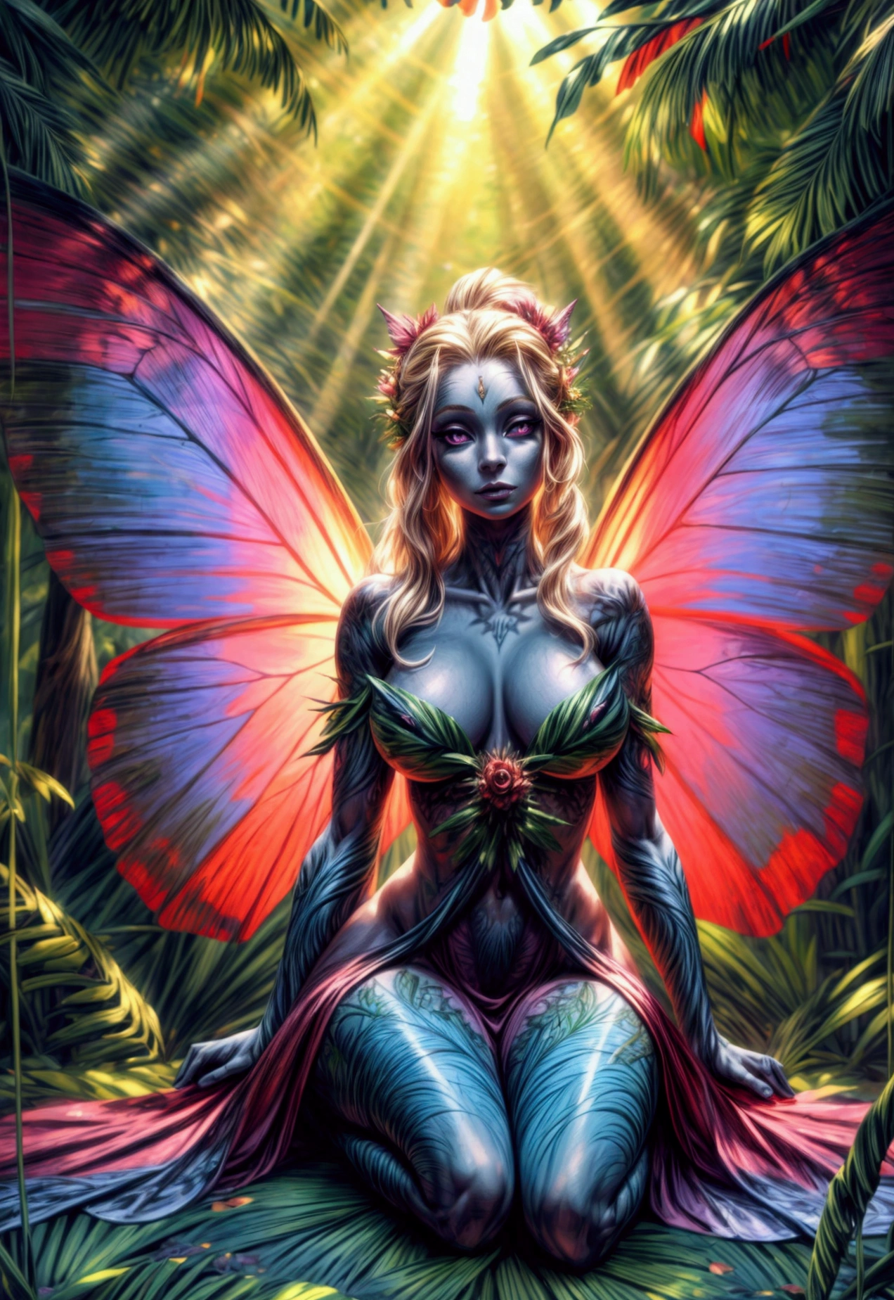 a picture of a jungle fairy, an extraordinary beautiful, elegant beauty, divine beautiful fairy, ((anatomically correct: 1.5)) spread butterfly wings, blue and purple wings, pink eyes, glowing eyes, (ultra detailed face: 1.2), best detailed face,  blond hair, rich hair, wavy hair, glamour dress, wild dress, dress decorated with jungle flowers,  sitting on massive heliconia tree the rain forest, sun rays coming through the trees, Hyperrealism style, vibrant, Ultra-high resolution, High Contrast, (masterpiece:1.5), highest quality, Best aesthetics), best details, best quality, highres, ultra wide angle, 16k, [ultra detailed], masterpiece, best quality, (extremely detailed) RAW, chumbasket art style, FairyTaleAI, fairy wings, 