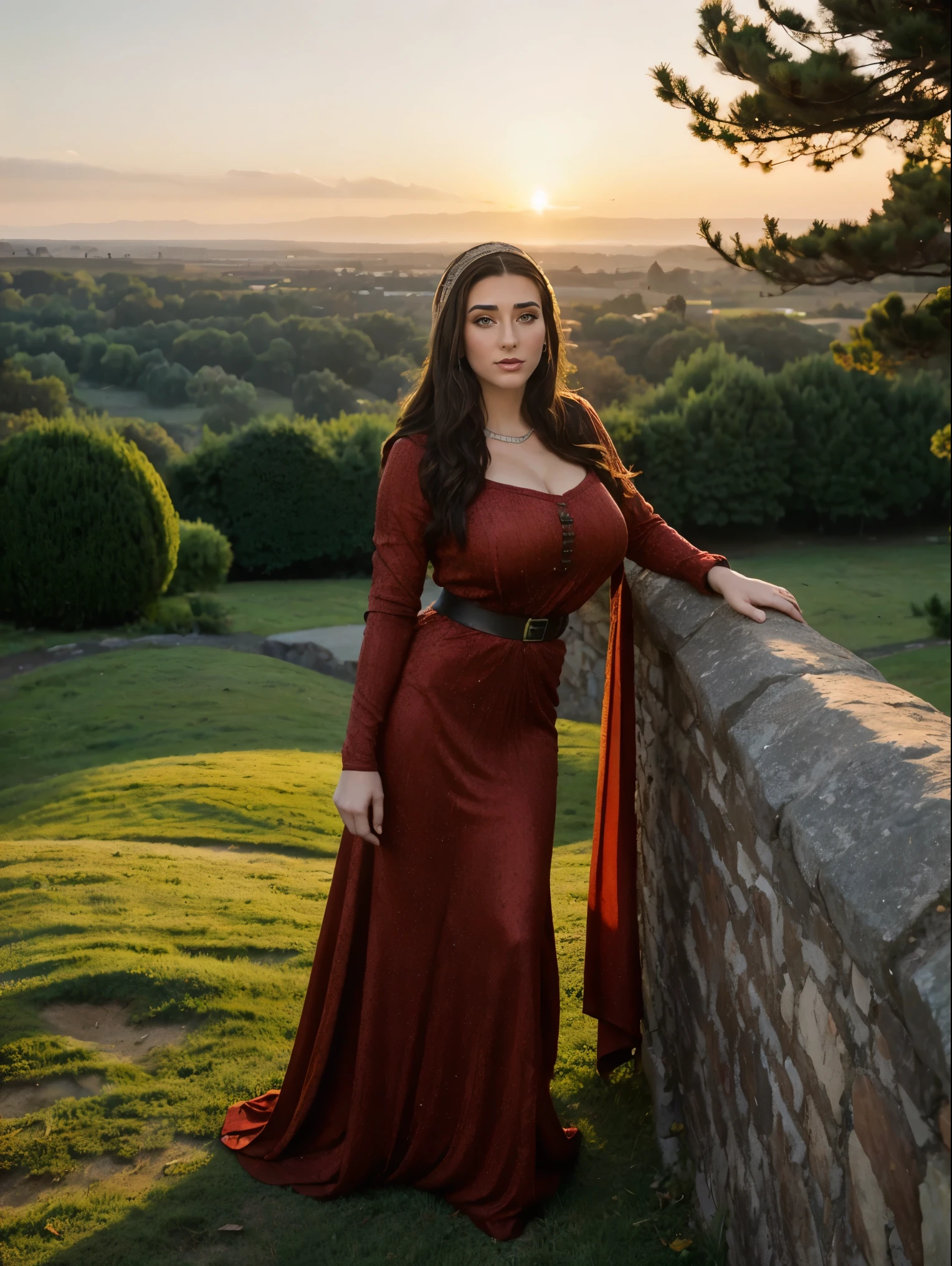 Gorgeous and sultry busty athletic (thin) brunette queen with sharp facial features wearing a modest updo, dark red medieval dress, long sleeves, intricate patterns, scrollwork, wide neck, crown, veil, long dress, modest dress, tight bodice, silver belt, (waist chain), medieval jewelry, Middle Ages, castle, rampart, wall, exterior, on top of a castle wall, trees, countryside, evening, sunset.