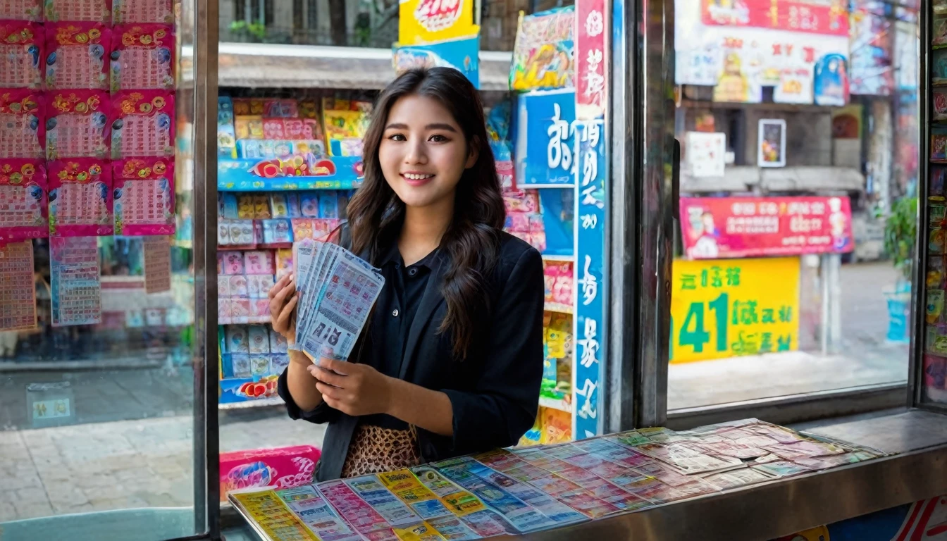 A 25-year-old female vendor with a beautiful face stands and sells lottery tickets. There are lottery stalls all over the storefront. and shows the currently famous number in his hand Let customers come and choose to see.