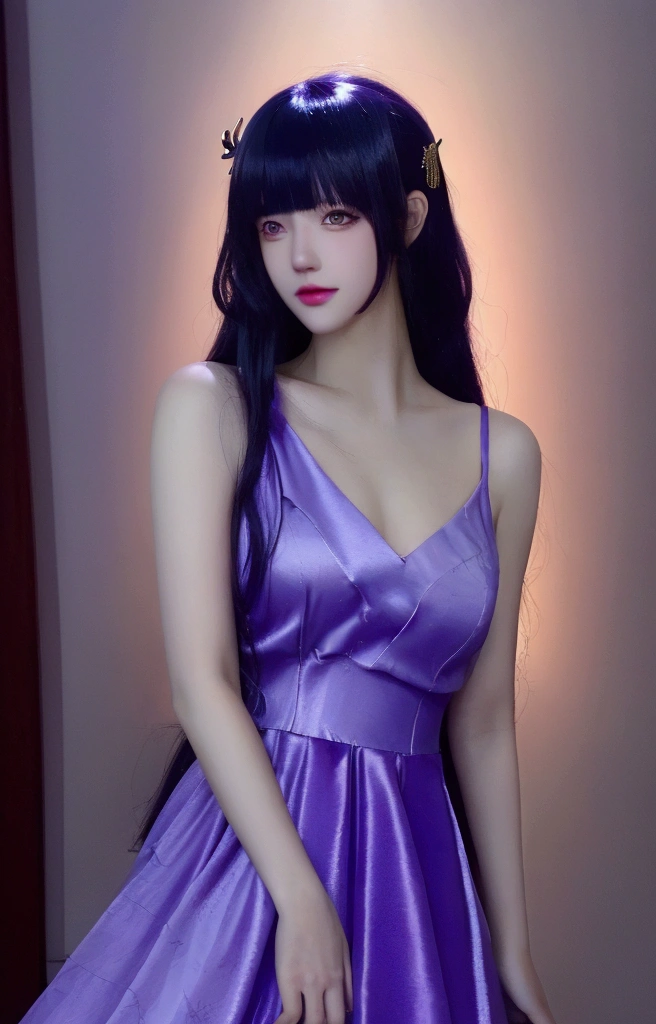 (Long lavender hair, Shining, reflective light，Light wind，Messy), (Purple eyes, vibrant, Glowing), fond violet,Sexy openwork cheongsam， Cinematic lighting