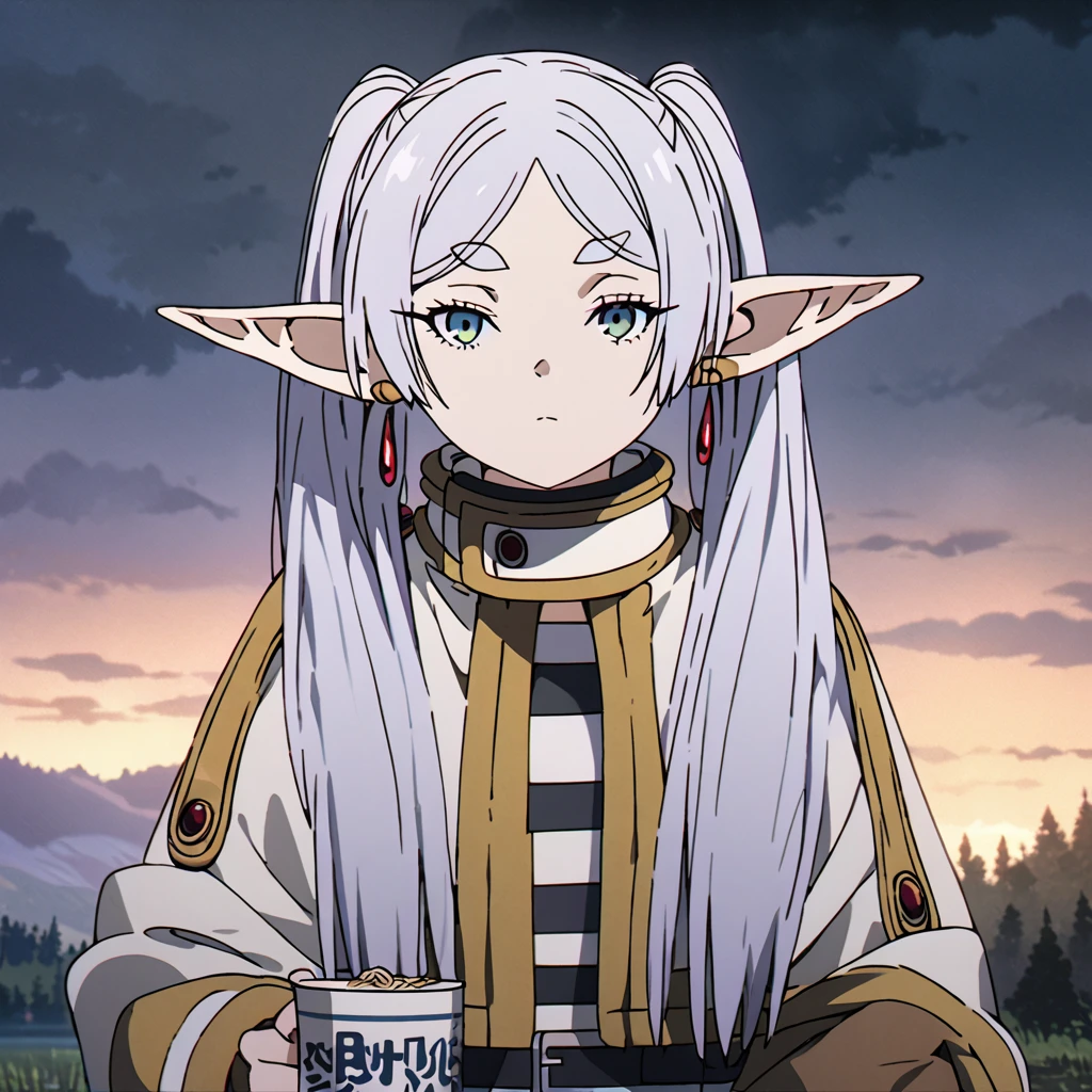 masterpiece, best quality, 4k、2D illustration, one beautiful girl, solo, frieren, pointy ears, elf, earrings, twintails, parted bangs, grey hair, thick eyebrows、((Serious Situations))、((serious face))、speaking something, ((long beautiful hair)), , standing, beautifully detailed eyes、((looking at viewer)), ((holding 1 case of Cup Noodles)), ((sousou_no_frieren))、((close up shot))、((wilderness background))、((night))、((cloudy sky))、 