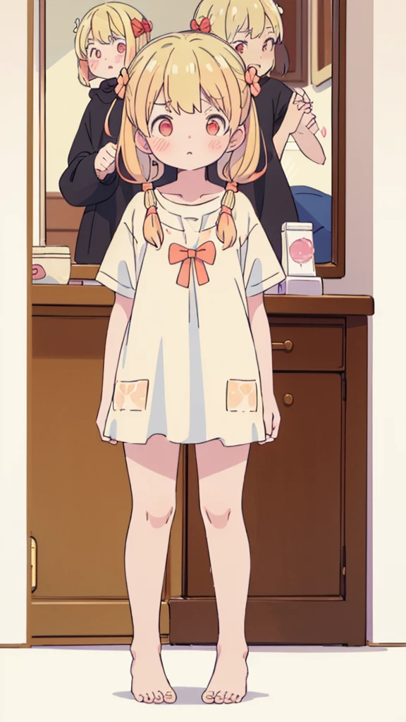 ((masterpiece))((Highest quality))girl、Confused eyes、blush、Flat Chest、Are thin、Blonde Hair、blush、Are standing、Whole body image、Eye level on face、、No background、Hair is two colors、Twin tails、Red Eyes、Two-tone red and yellow hair、Whole body image、Reflected to the toes