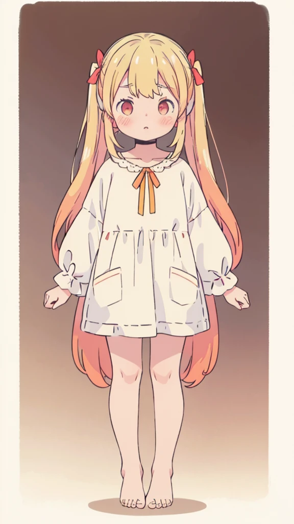((masterpiece))((Highest quality))girl、Confused eyes、blush、Flat Chest、Are thin、Blonde Hair、blush、Are standing、Whole body image、Eye level on face、、No background、Hair is two colors、Twin tails、Red Eyes、Two-tone red and yellow hair、Whole body image、Reflected to the toes