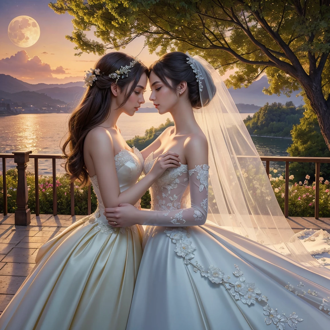 (masterpiece, highest quality, official art, beauty and aesthetic:1.5), perfect anatomy, two stunning bride is deeply in love with each other, kiss, romantic atmosphere, flower and moon, magnificent panorama view