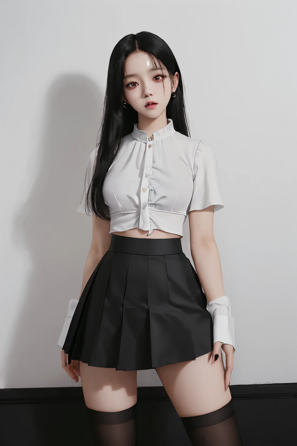 arafed woman in a white shirt and black skirt posing for a picture, open v chest clothes, wearing a blouse, jisoo from blackpink, wearing a cute top, intriguing outfit, her wardrobe is attractive, wearing skirt, dressed with long fluent clothes, cruel korean goth girl, hands behind her body pose!, tiktok video, with straight black hair, wearing tight simple clothes