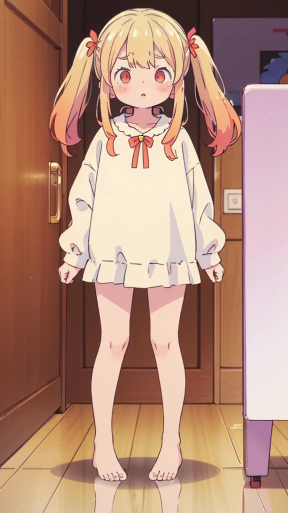 ((masterpiece))((Highest quality))girl、Confused eyes、blush、Flat Chest、Are thin、Blonde Hair、blush、Are standing、Whole body image、Eye level on face、、No background、Hair is two colors、Twin tails、Red Eyes、Two-tone red and yellow hair、Whole body image、Reflected to the toes