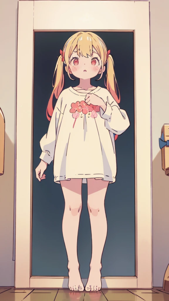 ((masterpiece))((Highest quality))girl、Confused eyes、blush、Flat Chest、Are thin、Blonde Hair、blush、Are standing、Whole body image、Eye level on face、、No background、Hair is two colors、Twin tails、Red Eyes、Two-tone red and yellow hair、Whole body image、Reflected to the toes